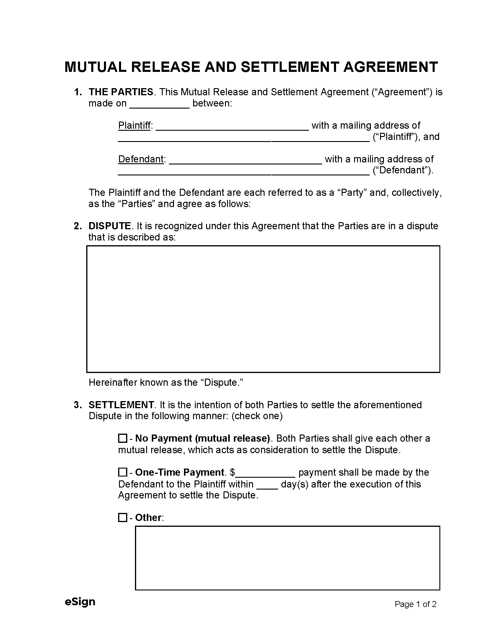 Mutual Release Agreement Mutual Release And Settlement Agreement