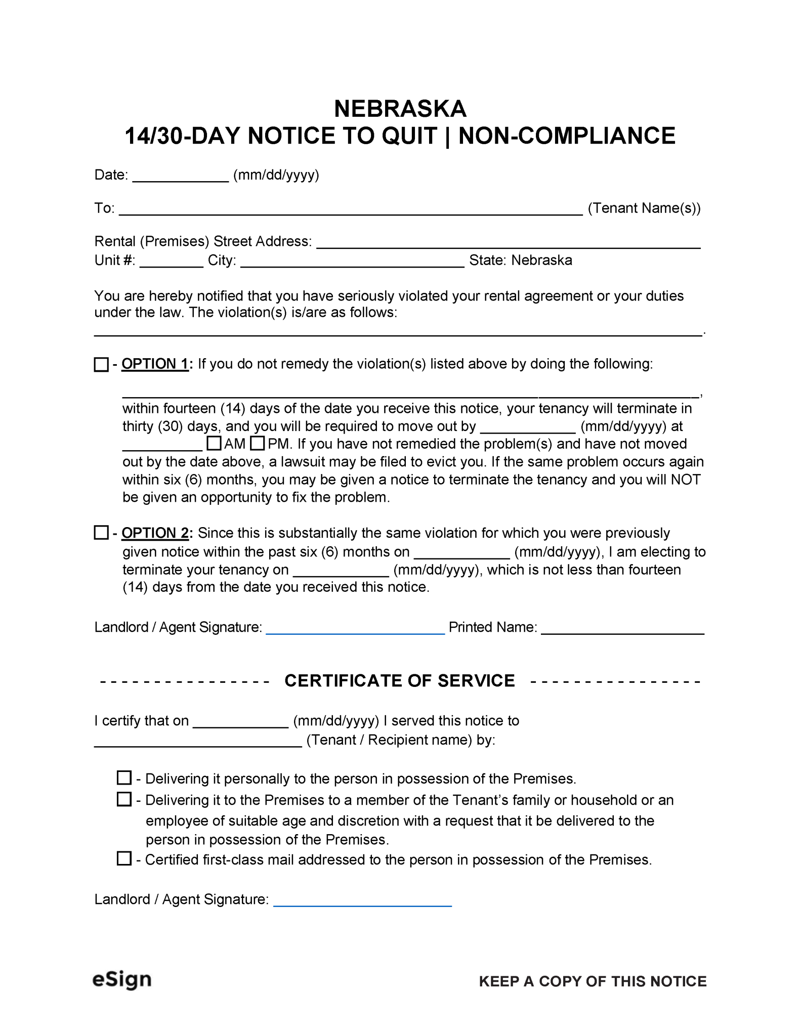 Free Nebraska 14/30Day Notice to Comply or Quit PDF