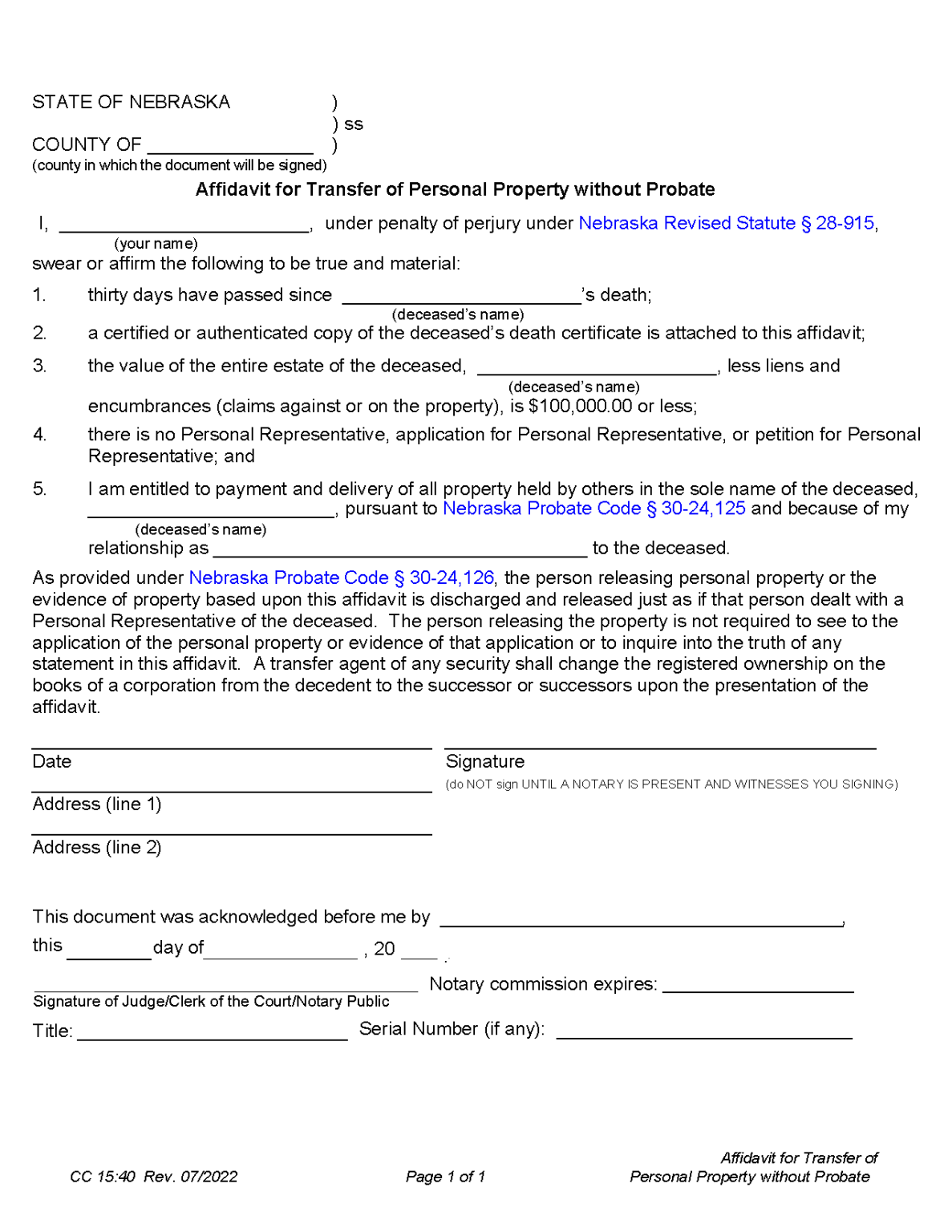 Free Nebraska Small Estate Affidavit Form | PDF