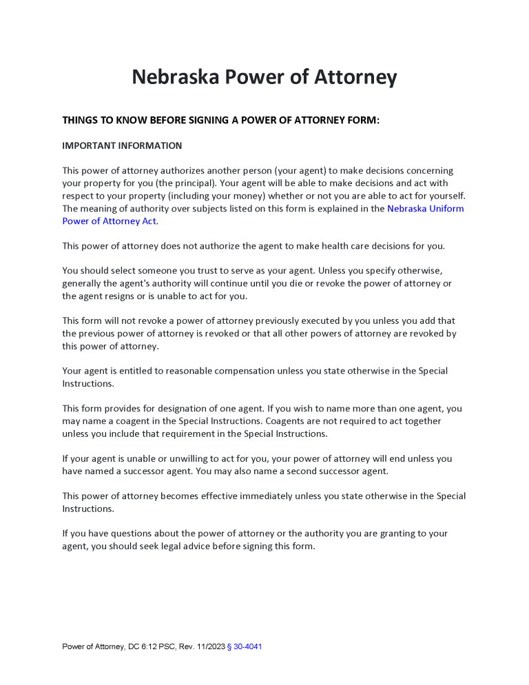 Free Nebraska General Power of Attorney Form | PDF