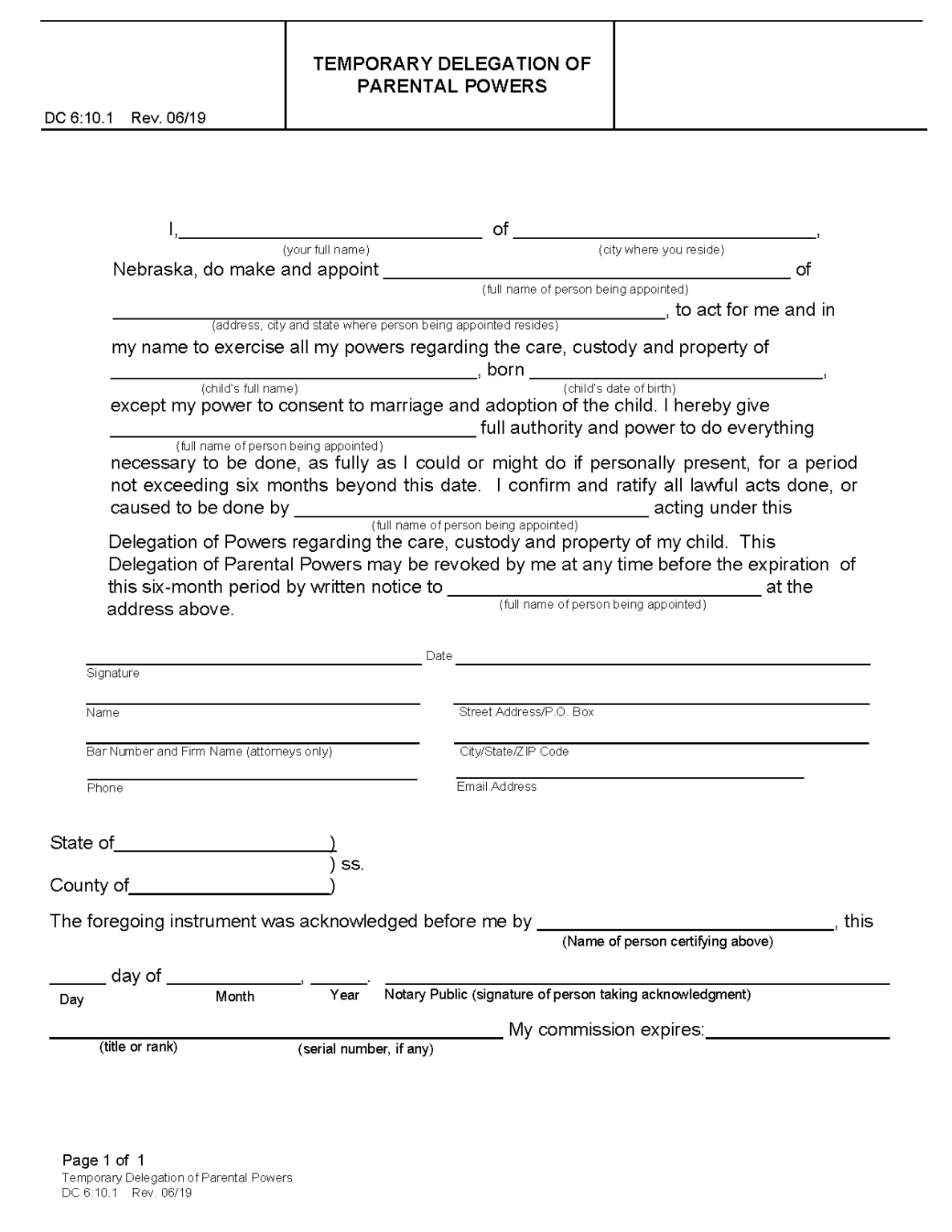 Free Nebraska Minor (Child) Power of Attorney Form PDF