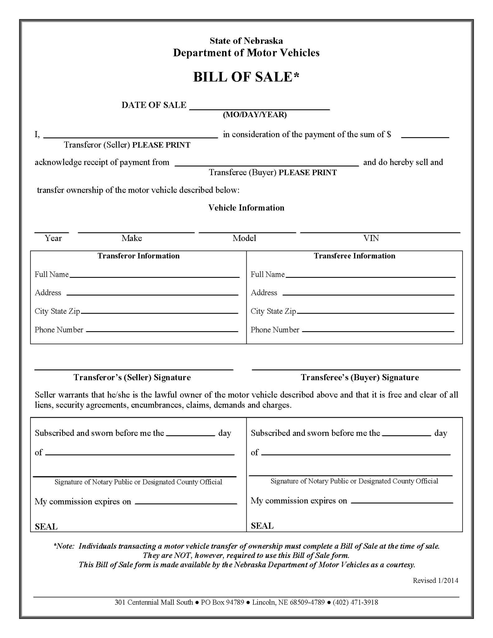 Free Nebraska Bill of Sale Forms | PDF