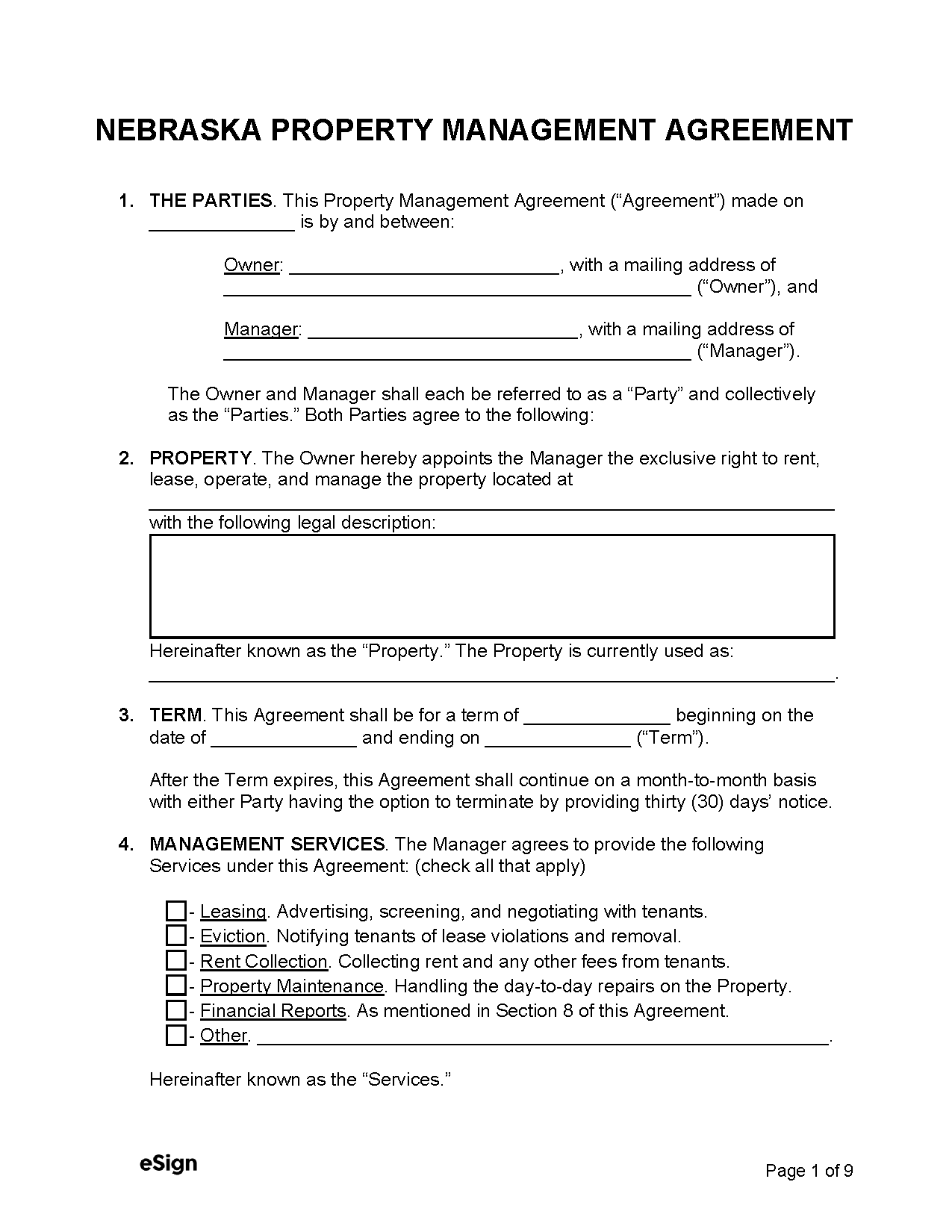 Free Nebraska Property Management Agreement PDF Word