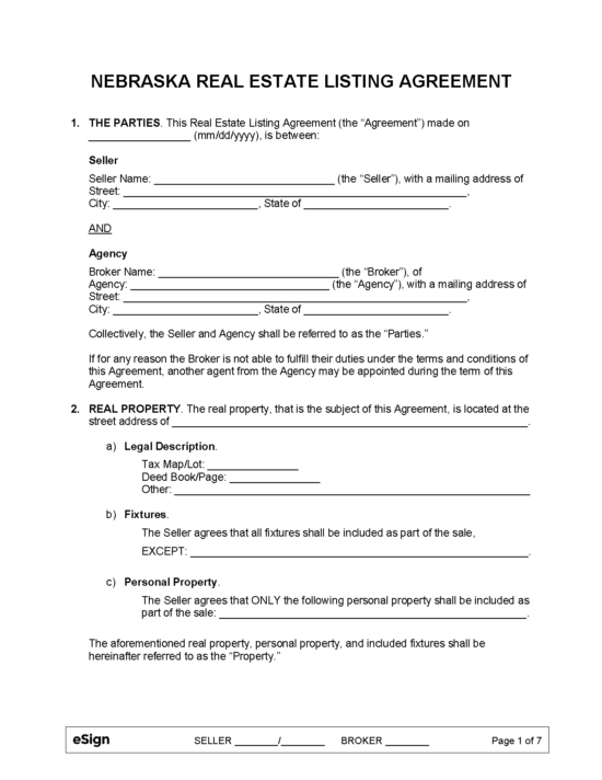 Free Nebraska Real Estate Listing Agreement PDF Word