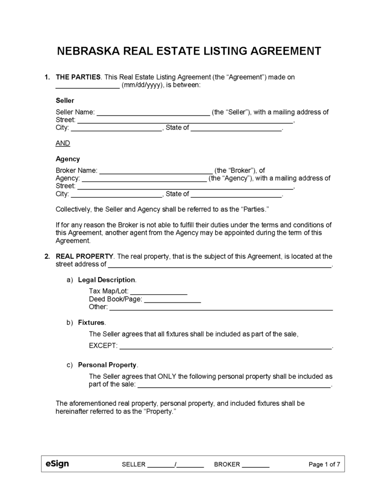 Free Nebraska Real Estate Listing Agreement PDF Word