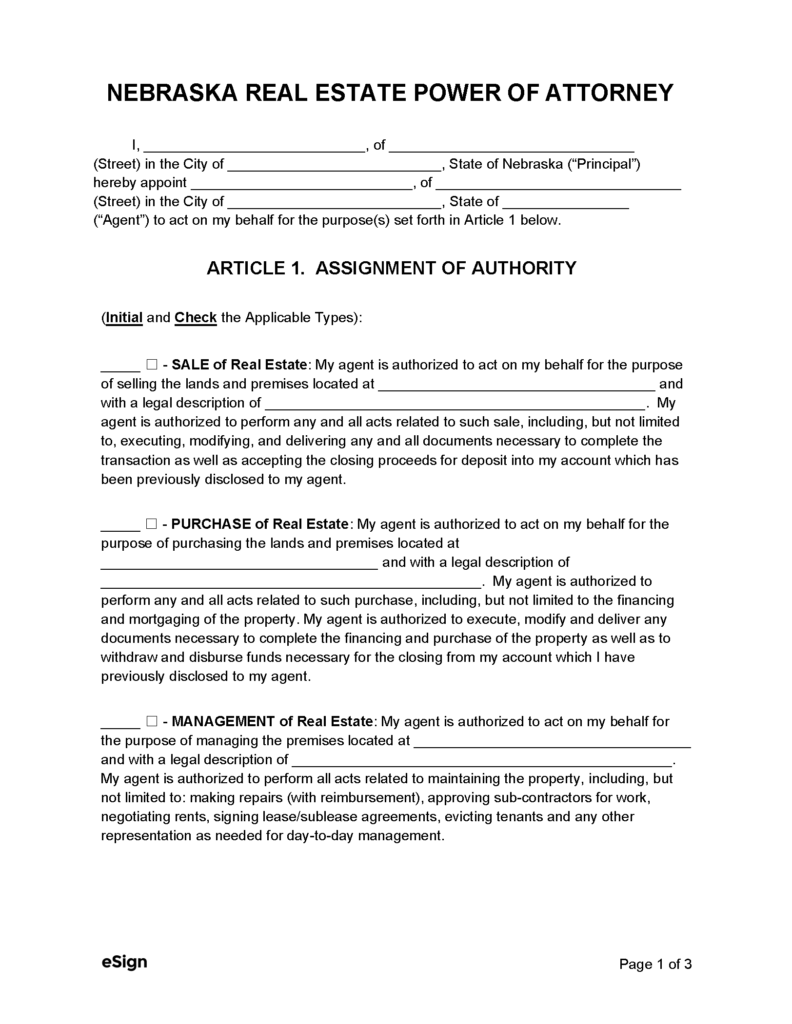 Free Nebraska Real Estate Power of Attorney Form PDF Word