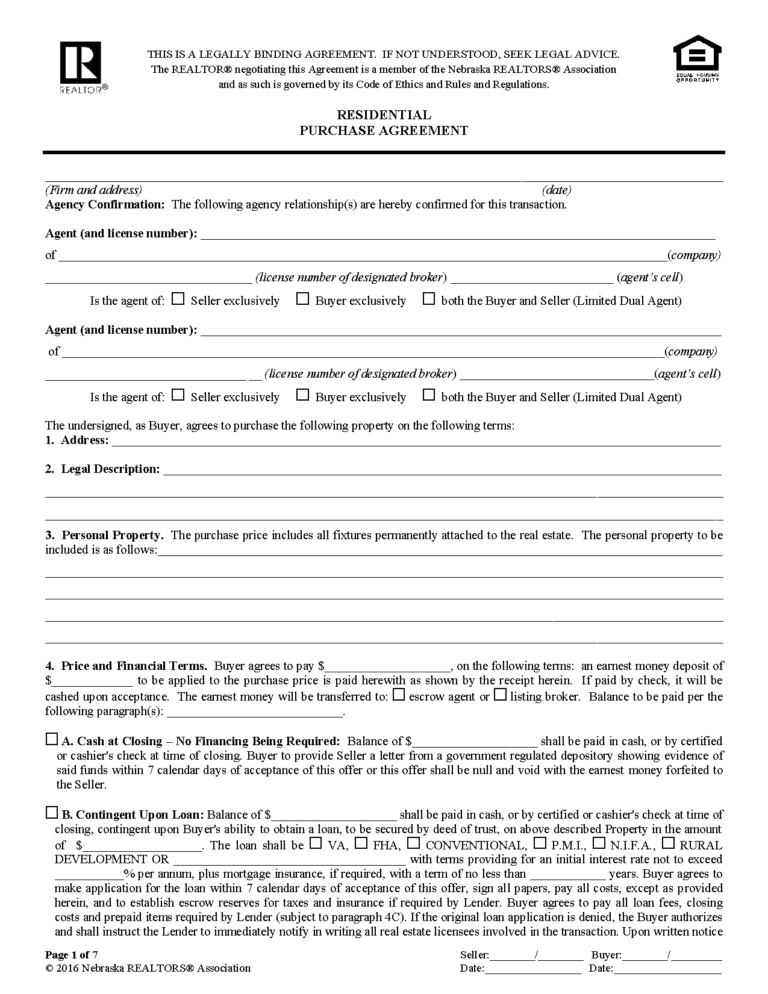 Free Nebraska Residential Purchase and Sale Agreement PDF Word