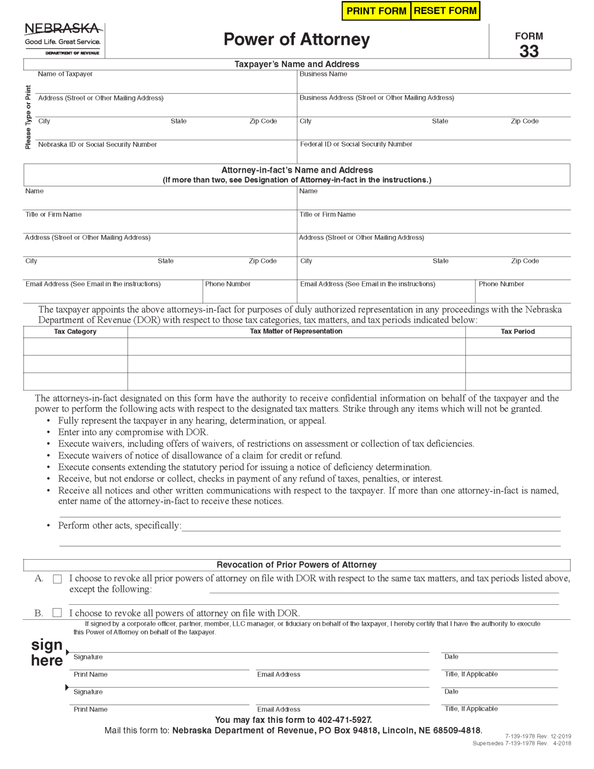 Free Nebraska Tax Power of Attorney (Form 33) | PDF