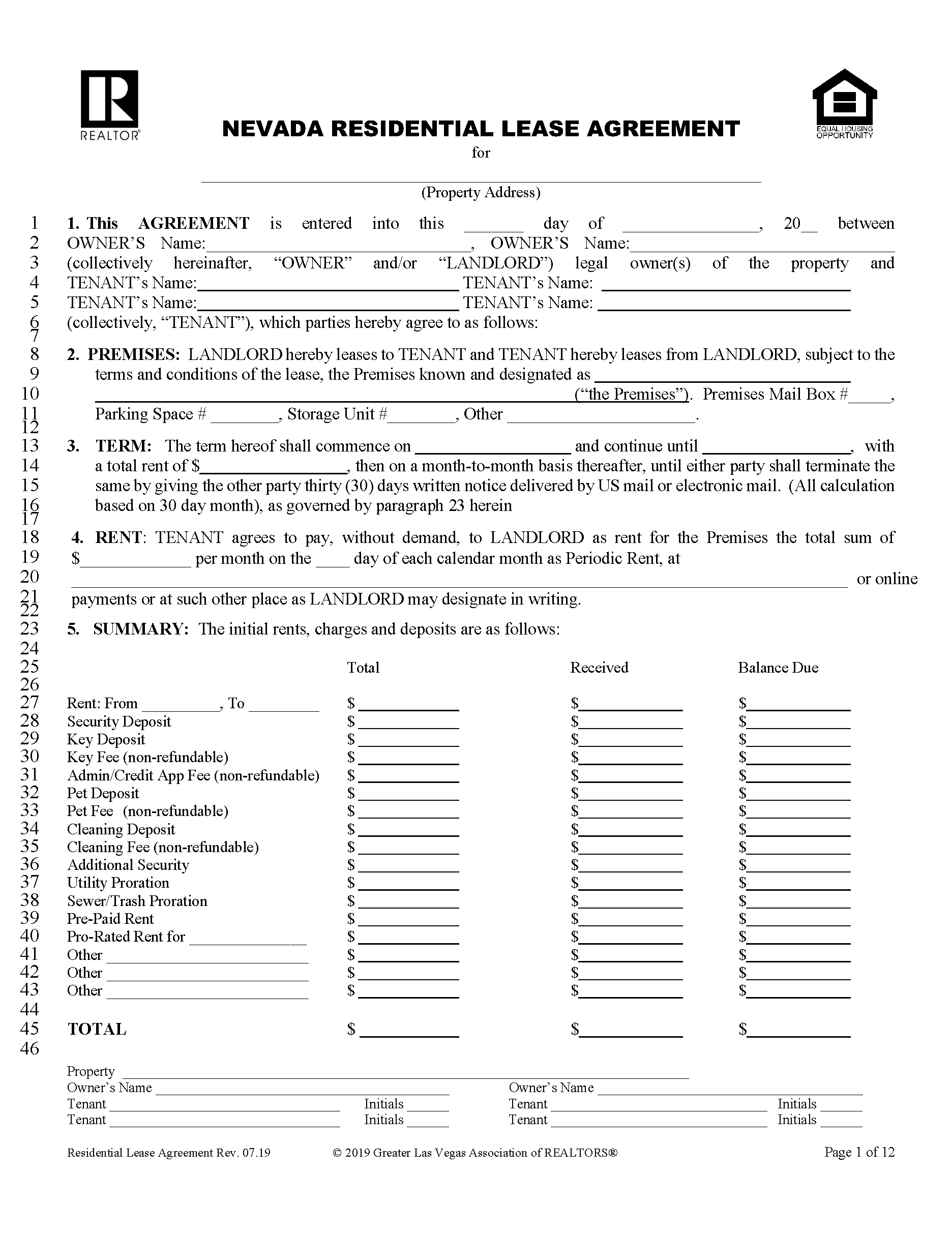 Free Nevada Standard Residential Lease Agreement PDF Word