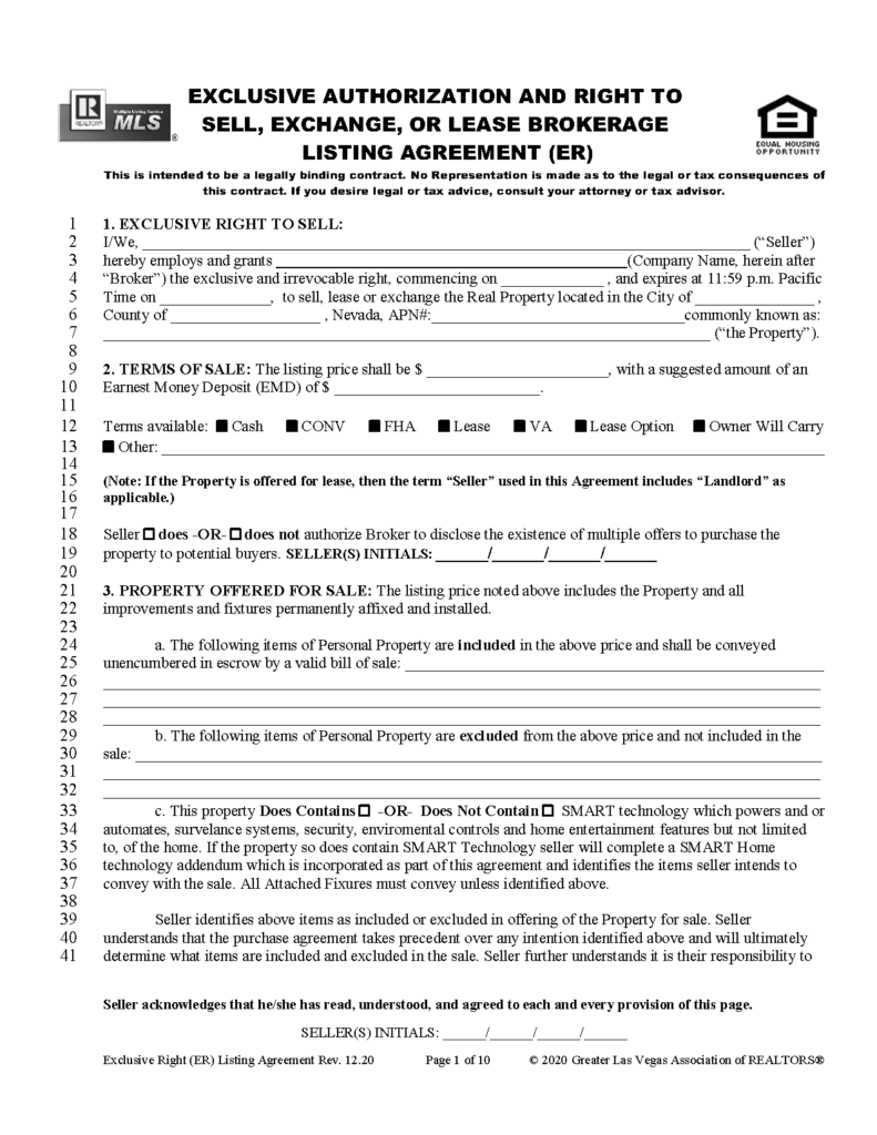 Free Nevada Real Estate Listing Agreement PDF Word   Nevada Exclusive Authorization Listing Agreement 791x1024 