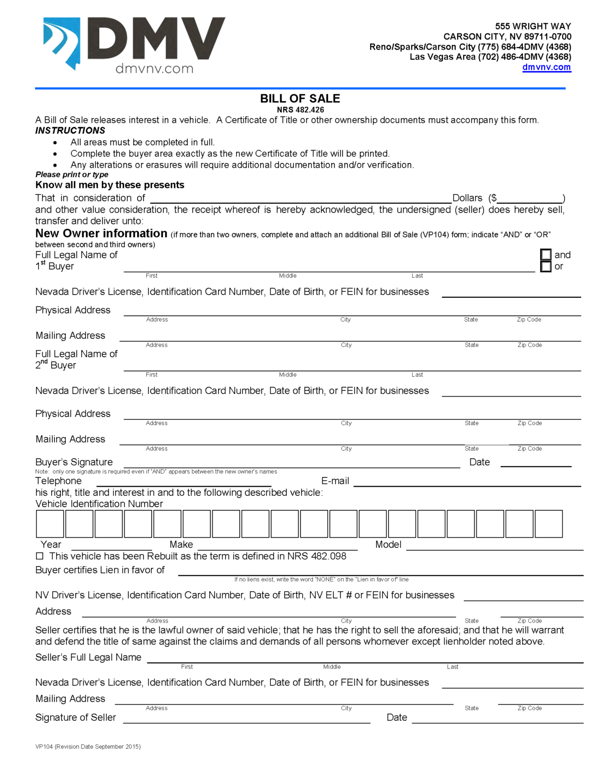 Free Nevada Motor Vehicle Bill Of Sale Form 