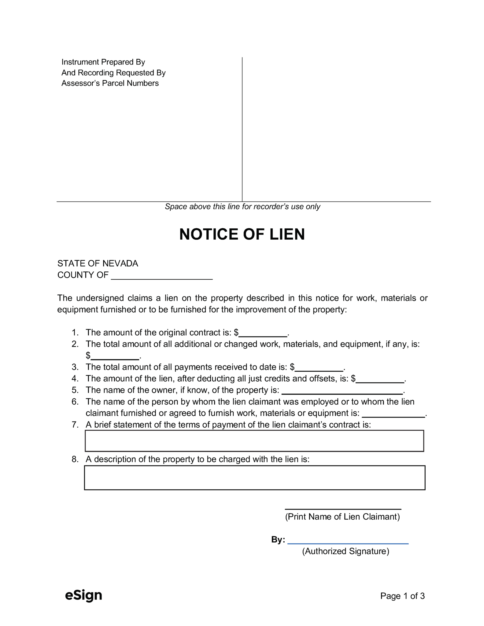 Free Nevada Mechanic's Lien Form | PDF | Word