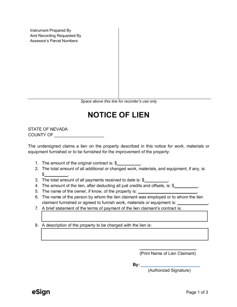 Free Nevada Mechanic's Lien Form | PDF | Word