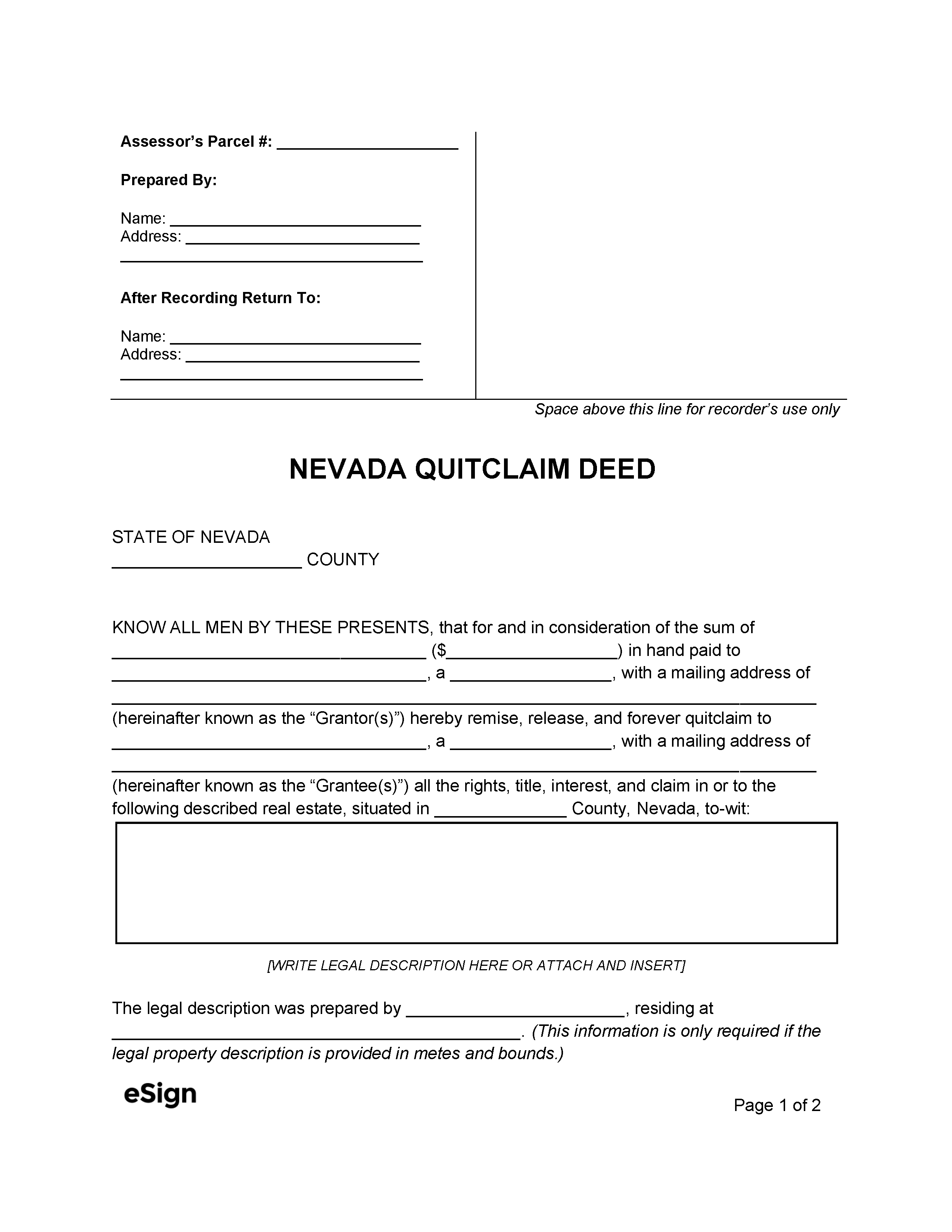 Free Nevada Quit Claim Deed Form | PDF | Word