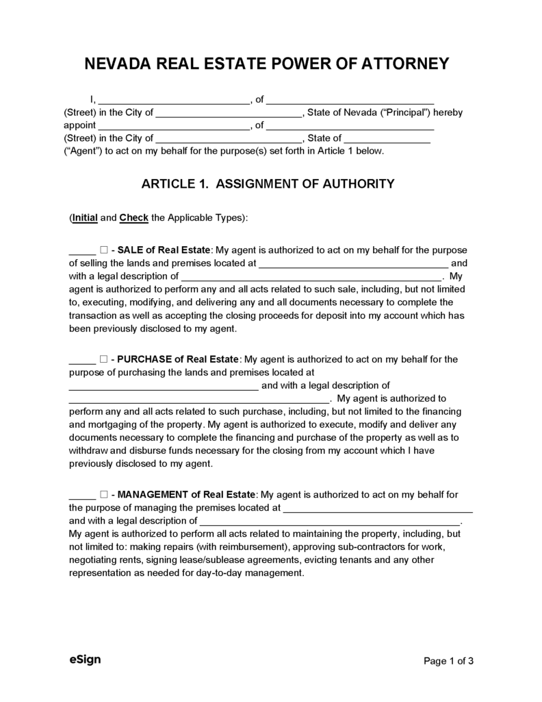 Free Nevada Real Estate Power of Attorney Form PDF Word