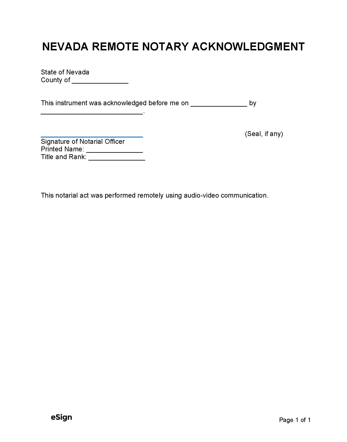 Free Nevada Notary Acknowledgement Form | PDF | Word