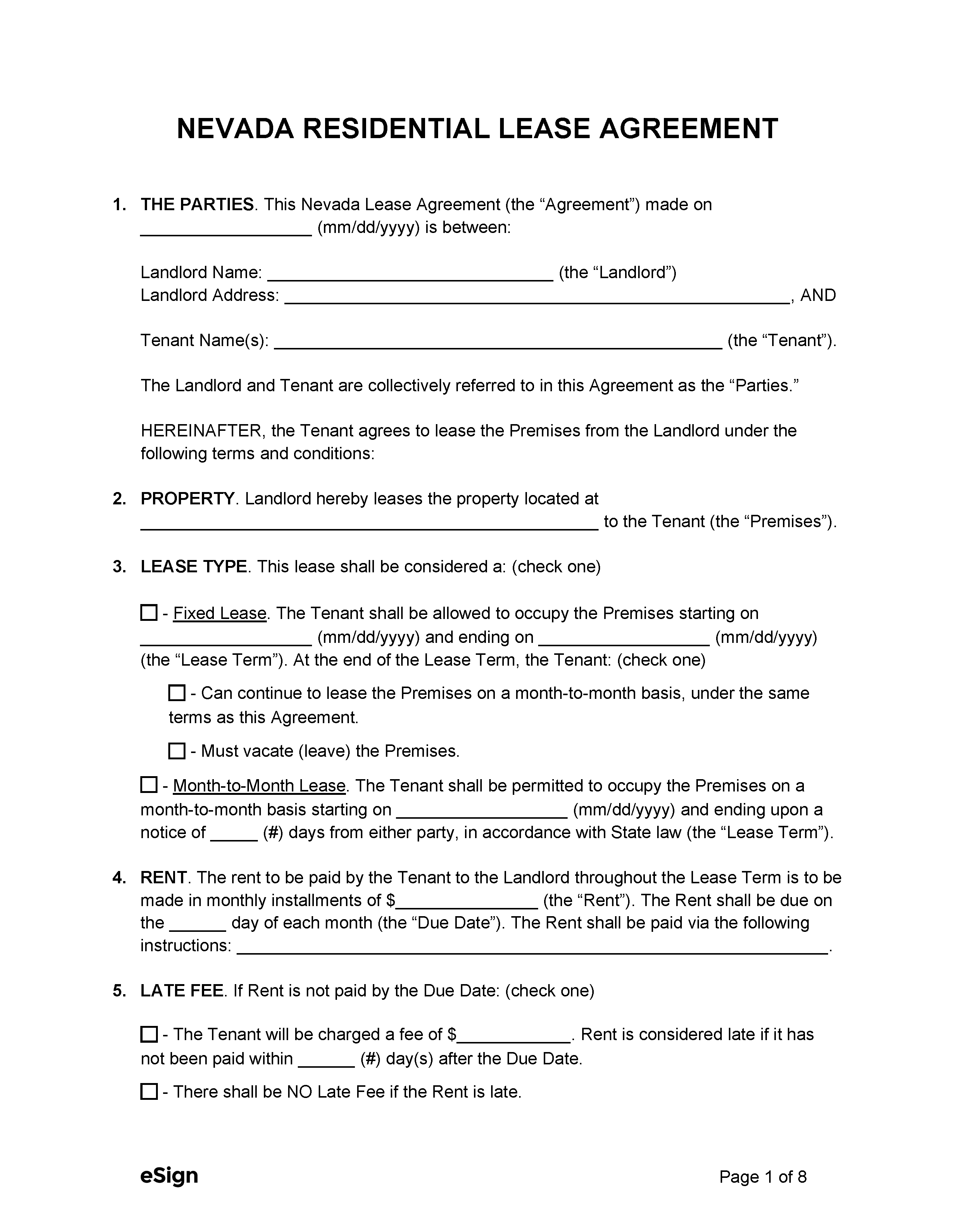 Lease Agreement Nevada Template   Nevada Residential Lease Agreement 