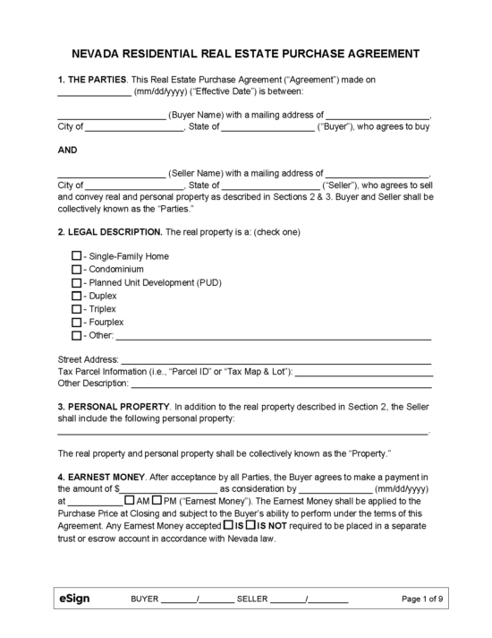 Free Nevada Residential Purchase And Sale Agreement PDF Word   Nevada Residential Real Estate Purchase Agreement 550x712 