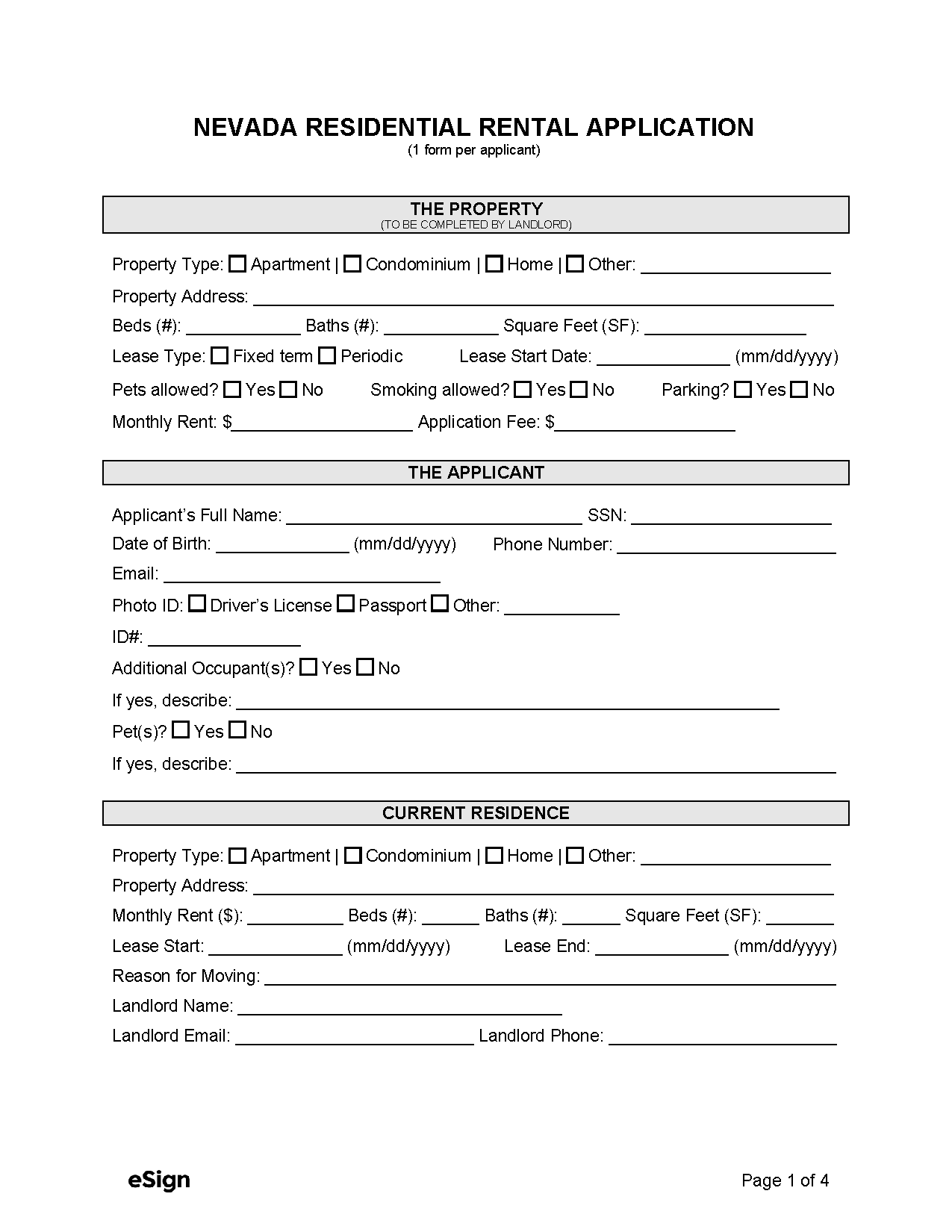 Free Nevada Rental Application Form PDF Word