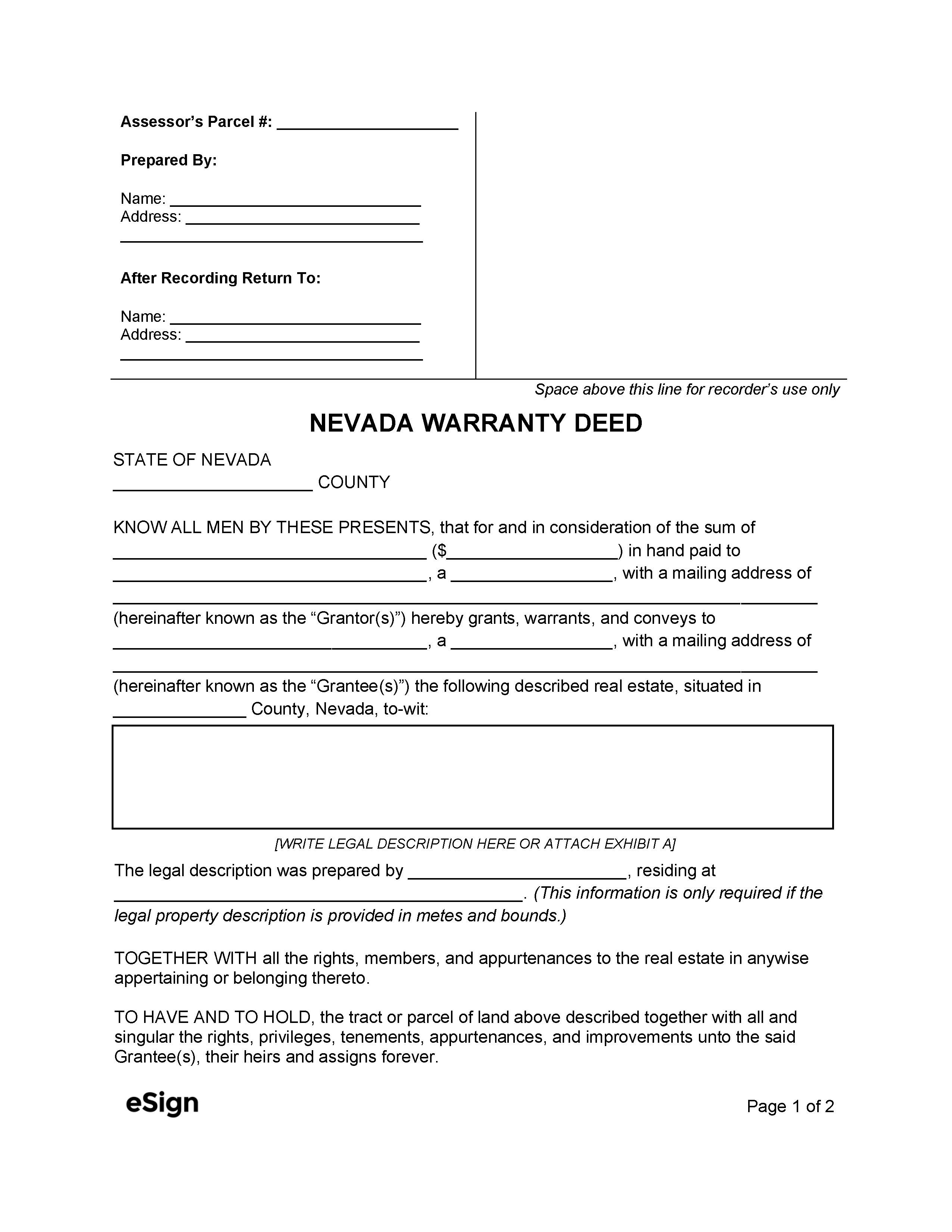 Free Nevada Deed Forms