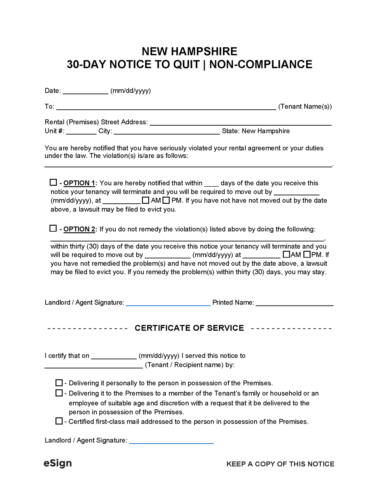 Free New Hampshire 30-Day Notice to Quit | Non-Compliance | PDF | Word