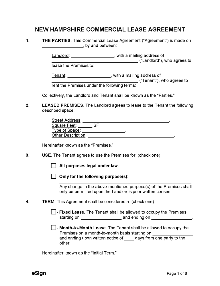 Free New Hampshire Rental Lease Agreements Laws PDF Word