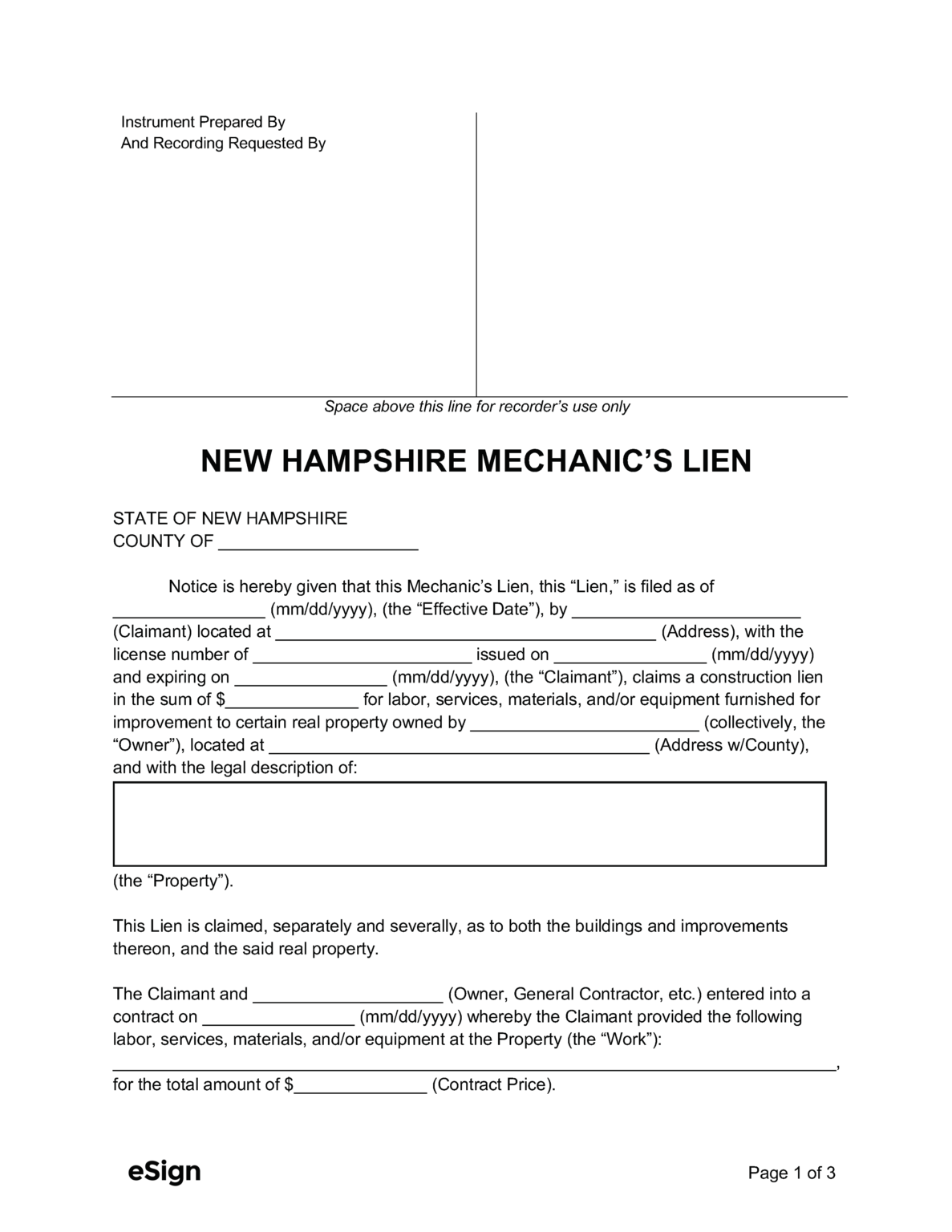 Free New Hampshire Mechanic's Lien Form PDF Word