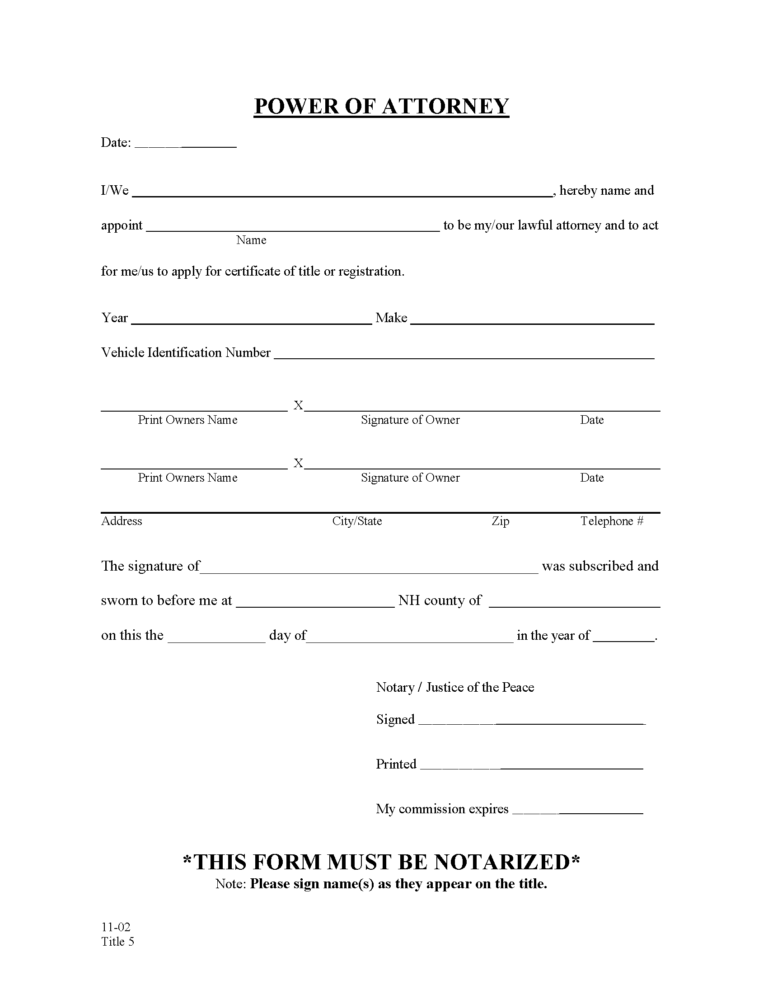 Free New Hampshire Motor Vehicle Power of Attorney (Form Title 5) PDF