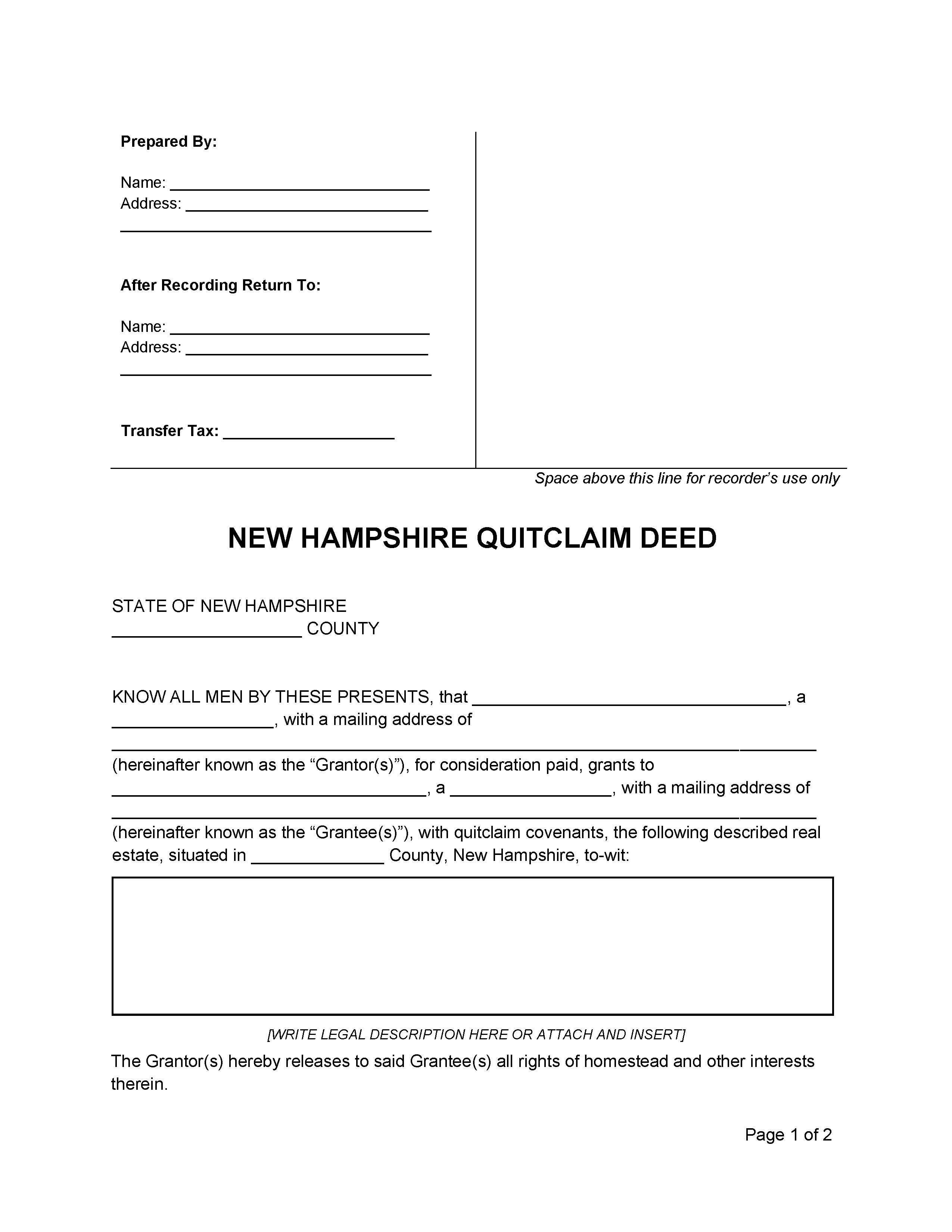 Free New Hampshire Quit Claim Deed Form | PDF | Word