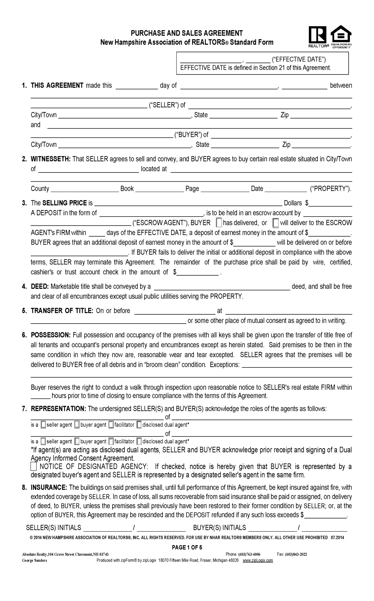 Free New Hampshire Residential Purchase and Sale Agreement PDF Word