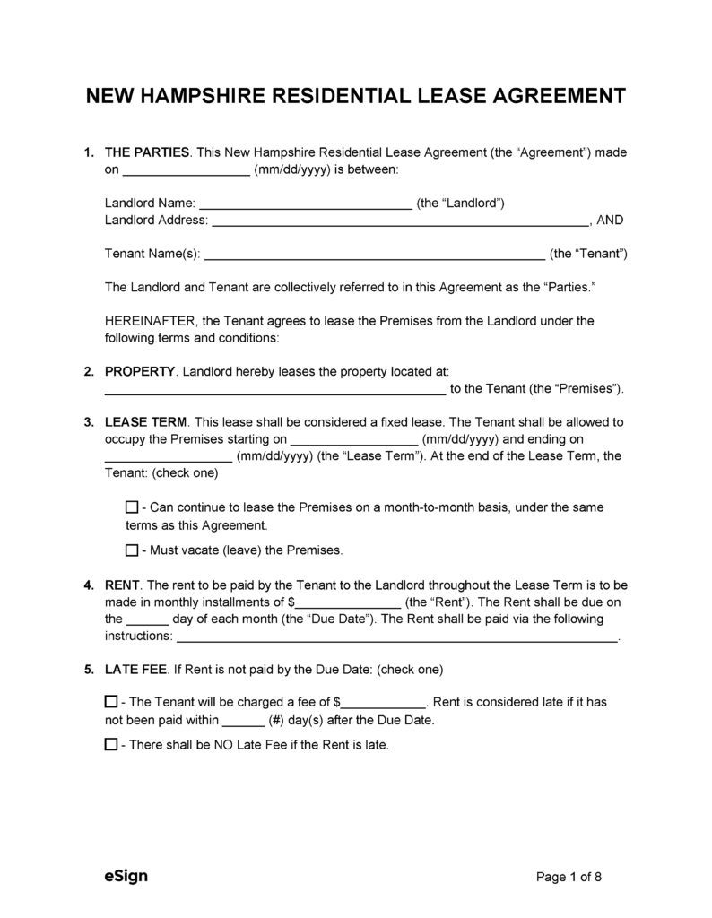 Free New Hampshire Standard Residential Lease Agreement Template | PDF ...