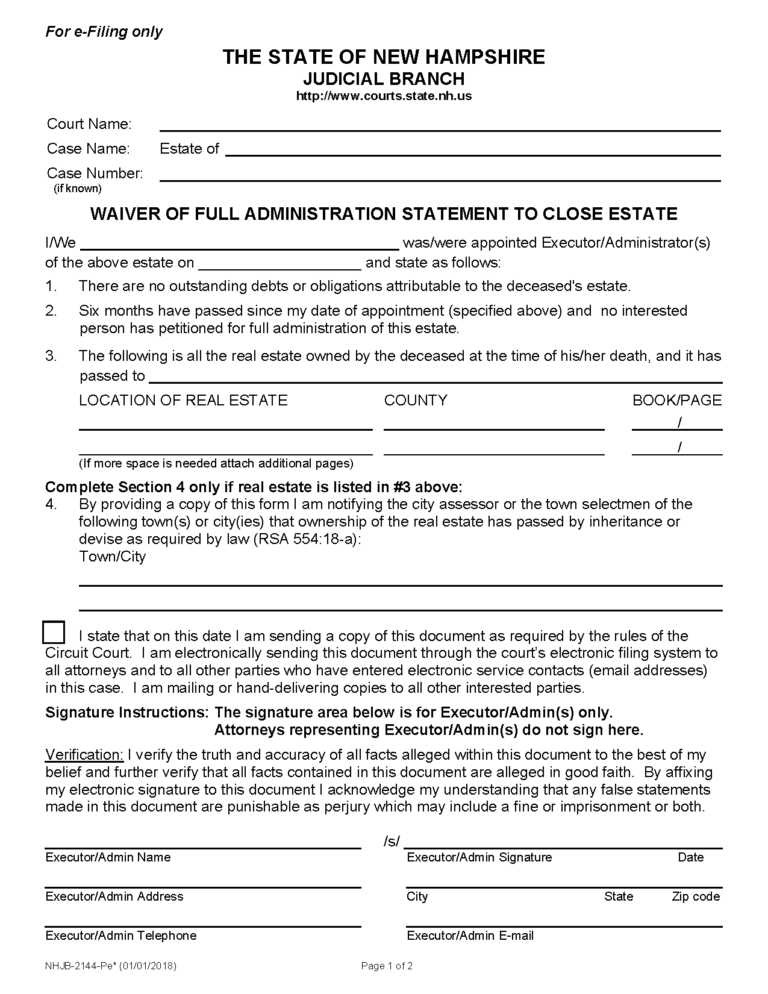 Free New Hampshire Small Estate Affidavit Form PDF