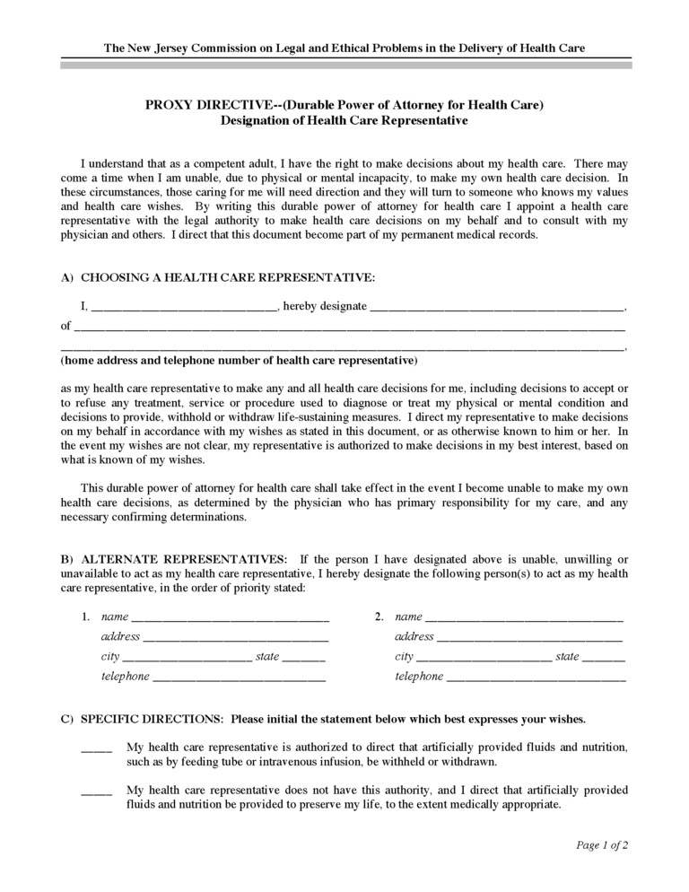 Free New Jersey Advance Directive Form | PDF