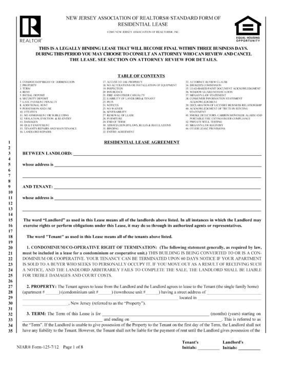 free new jersey standard residential lease agreement pdf word