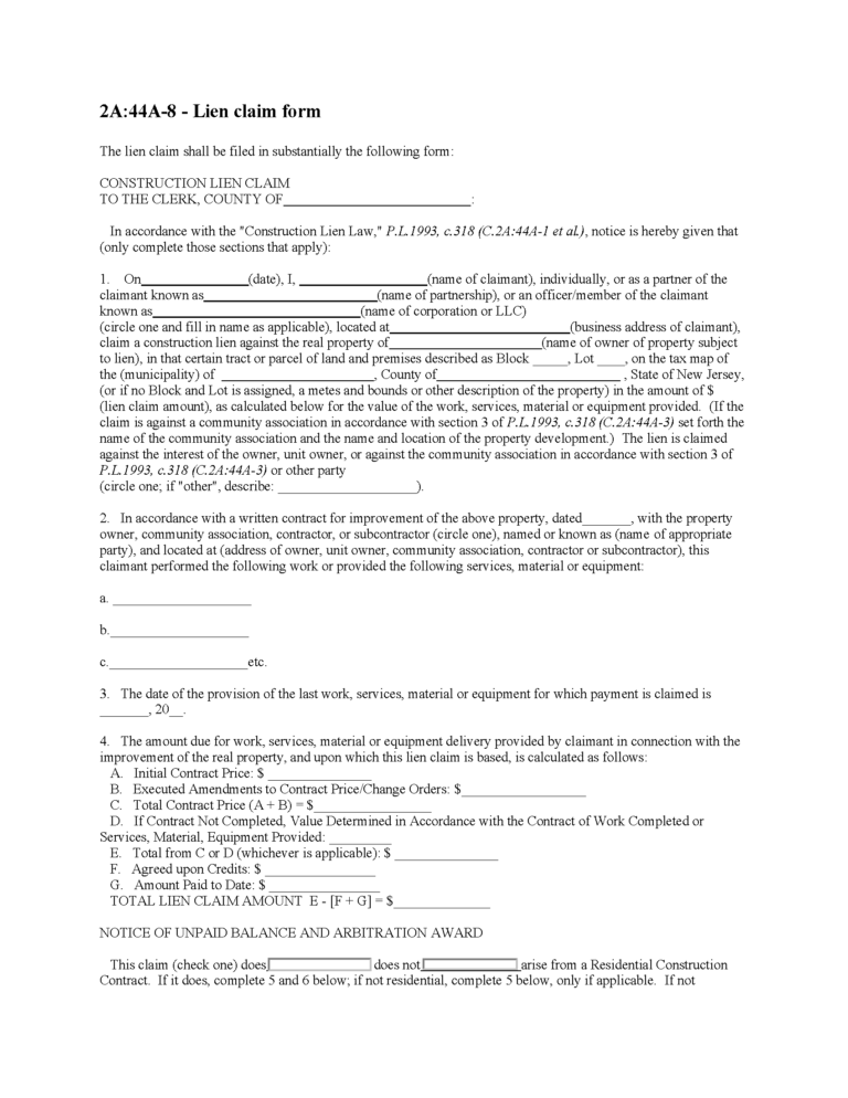 Free New Jersey Mechanic's Lien Form PDF