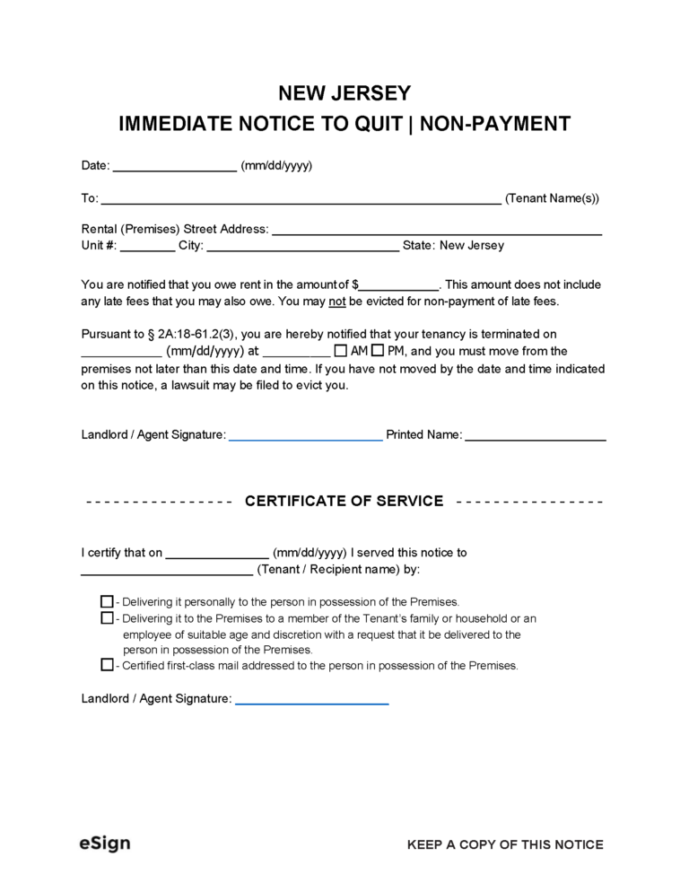 Free New Jersey Immediate Notice to Quit | Non-Payment | PDF | Word