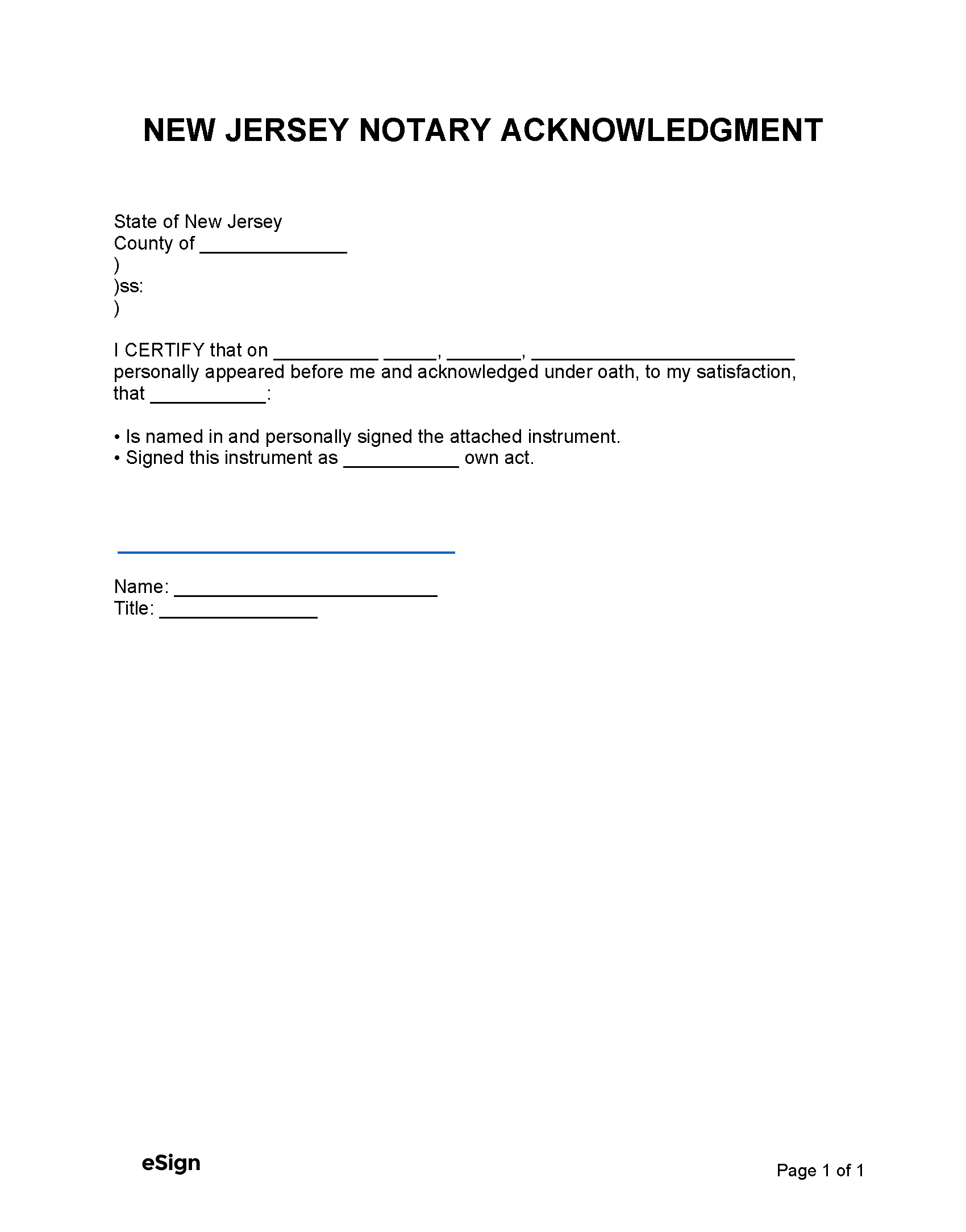 Free New Jersey Notary Acknowledgment Form PDF Word