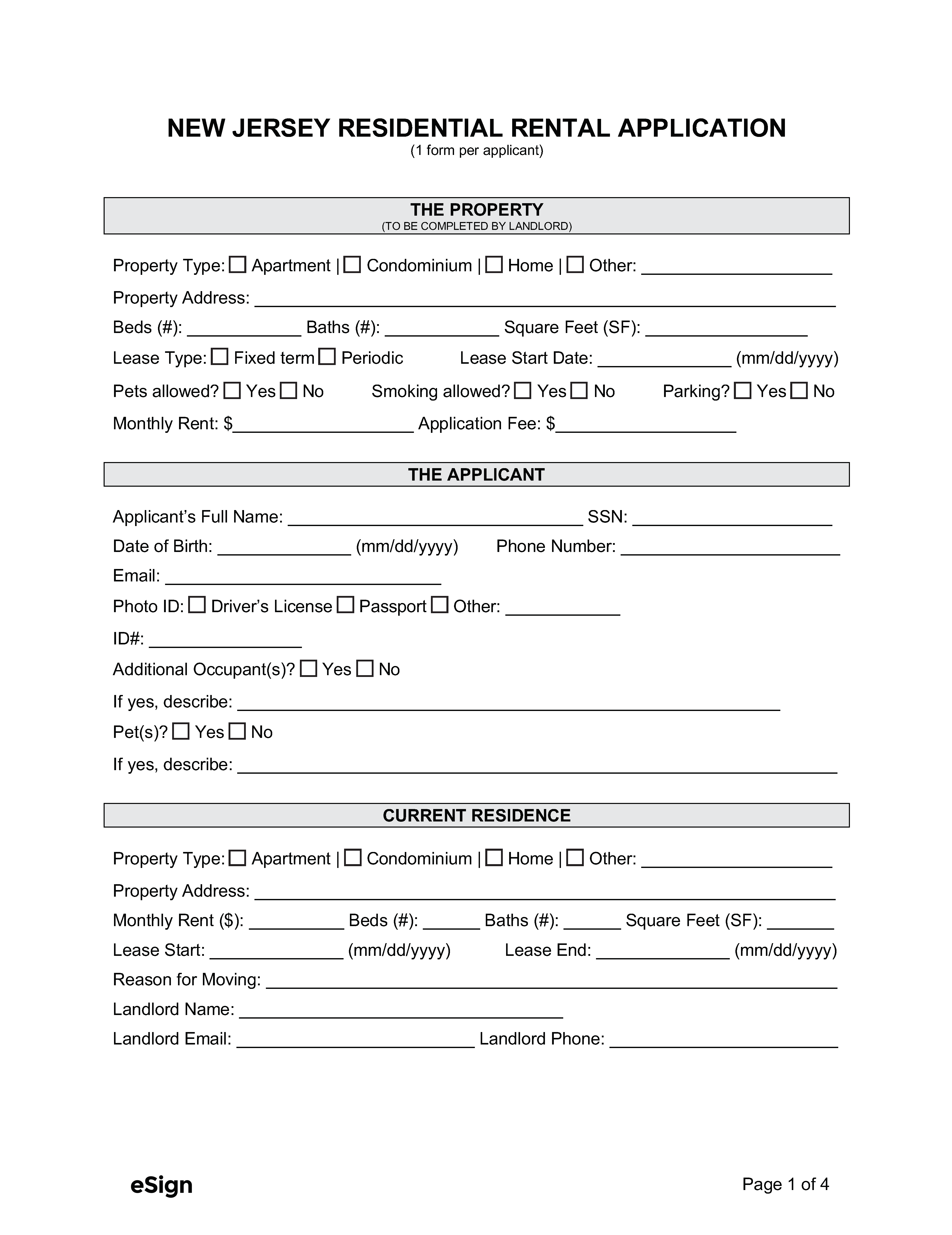 Free New Jersey Rental Application Form PDF Word