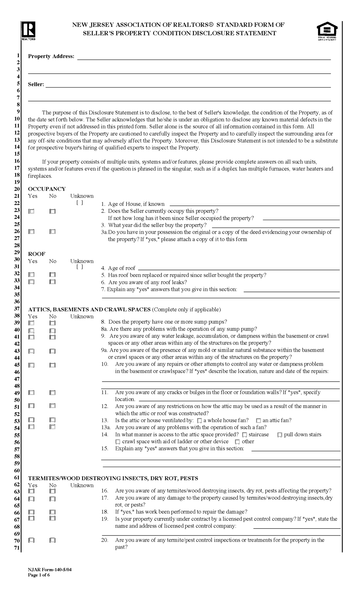 Free New Jersey Property Disclosure Statement PDF