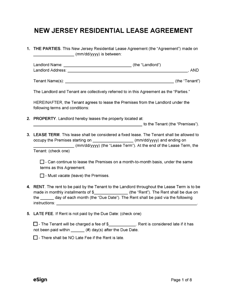 Free New Jersey Standard Residential Lease Agreement Template PDF Word