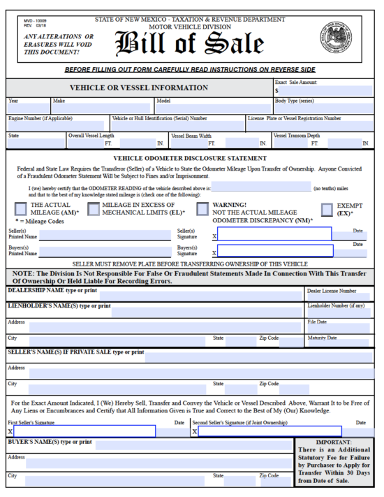 Free New Mexico Boat Bill of Sale Form | PDF