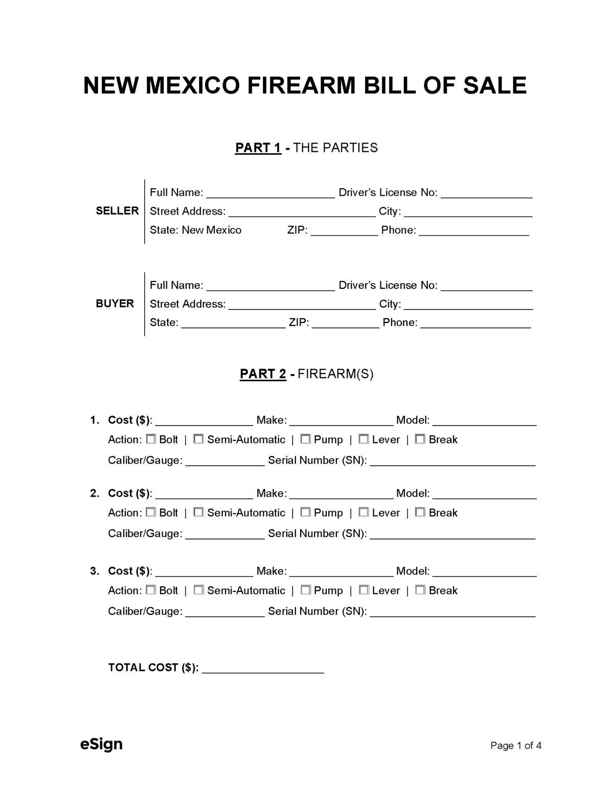 Free New Mexico Firearm Bill of Sale Form PDF Word