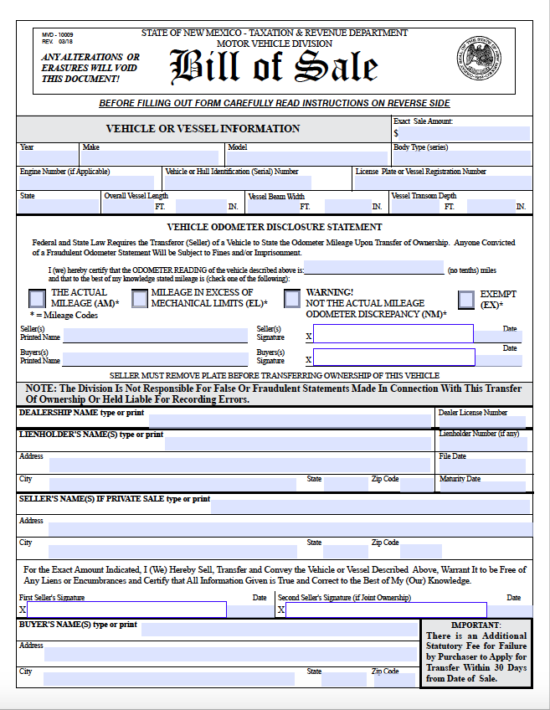 New Mexico Motor Vehicle Bill Of Sale Form Templates 8866