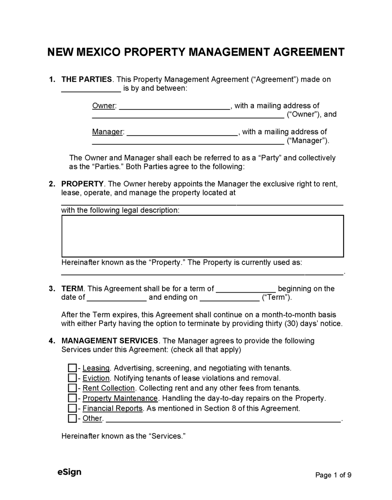 Free New Mexico Property Management Agreement PDF Word