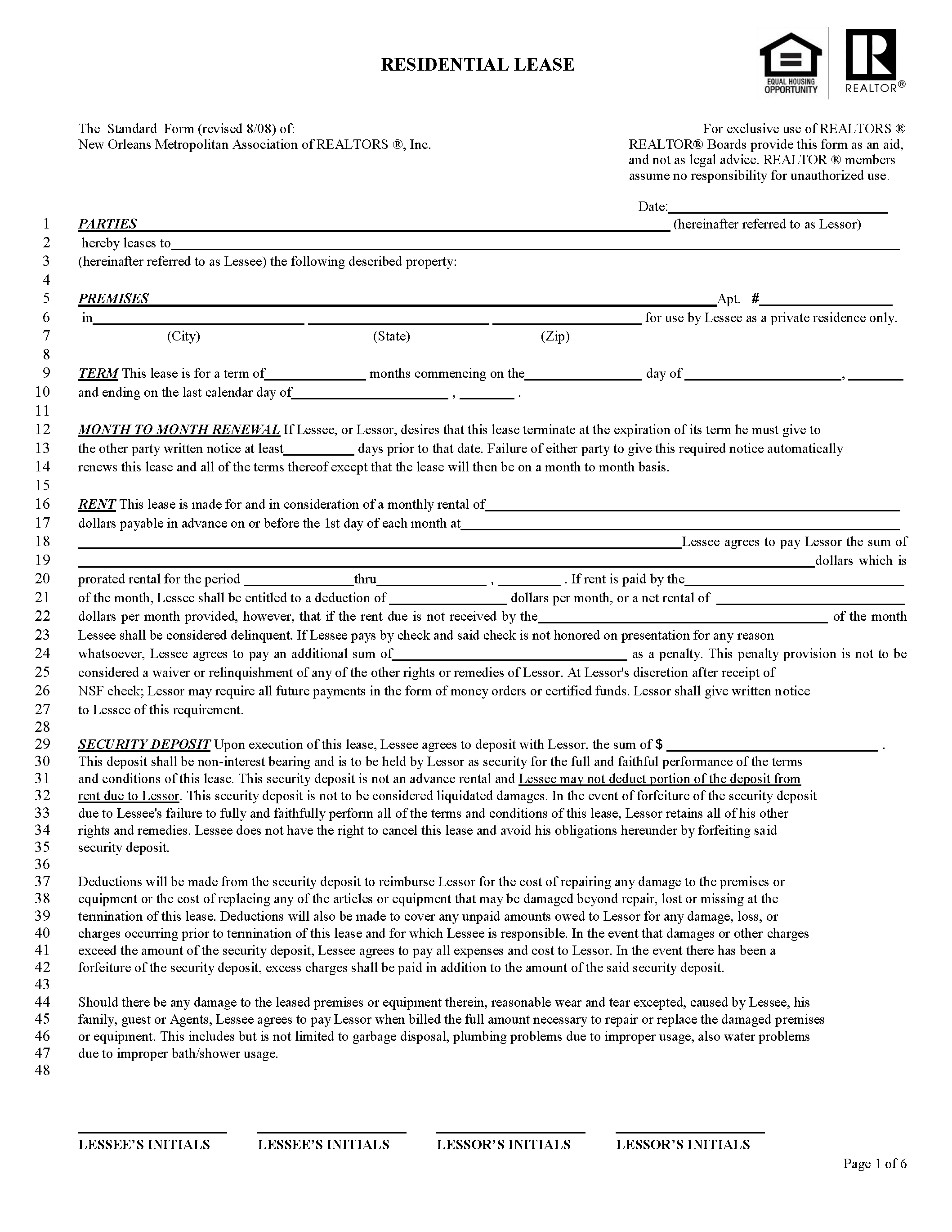 Free Louisiana Standard Residential Lease Agreement Pdf Word 5864