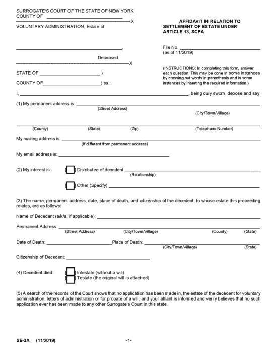 Ny Form Se 3a Fillable Form Affidavit In Relation To Settlement ...