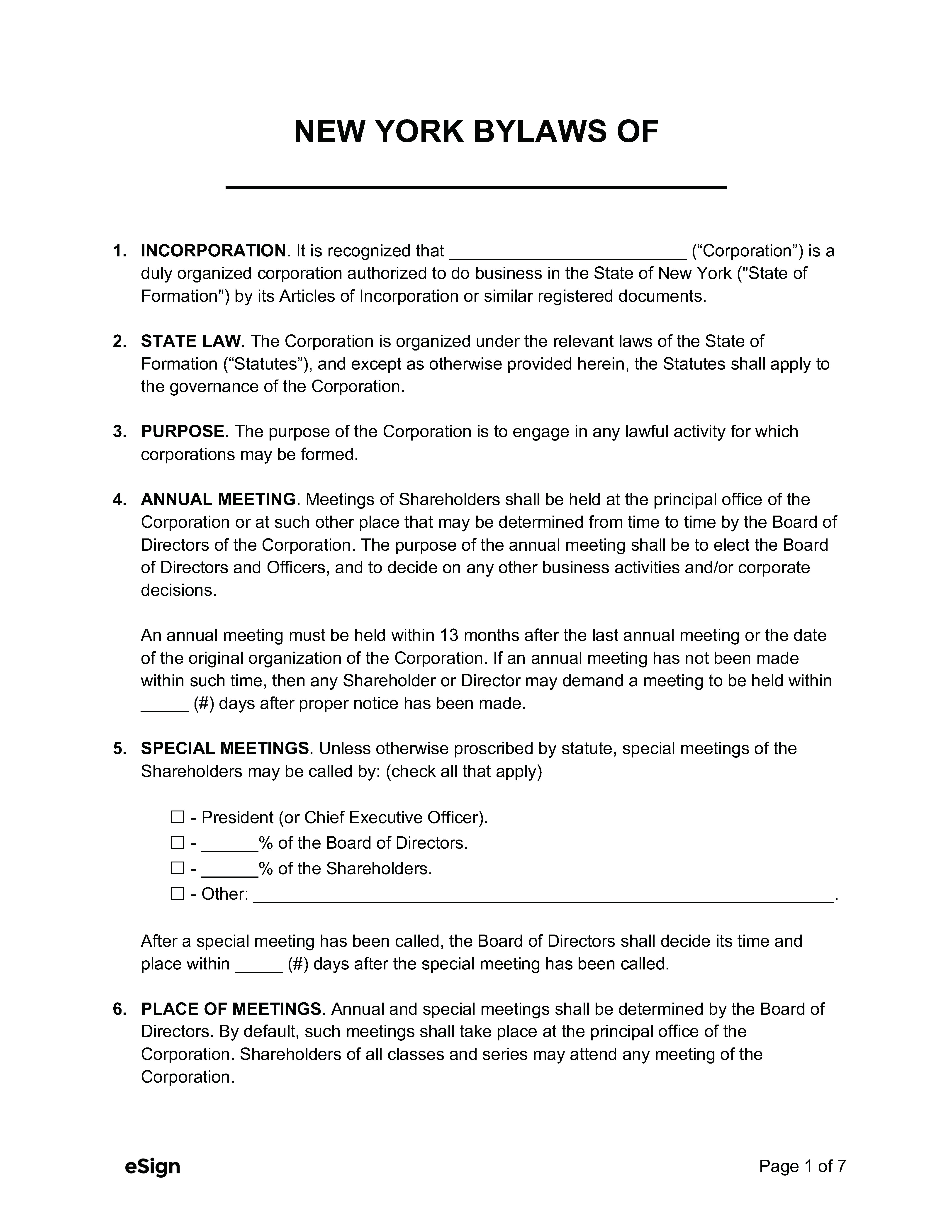 Free New York Corporate Bylaws Template PDF Word