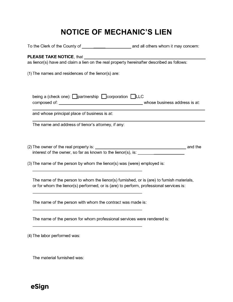 Free New York Mechanic's Lien Form PDF Word