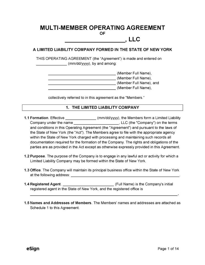 Free New York LLC Operating Agreement Template PDF Word