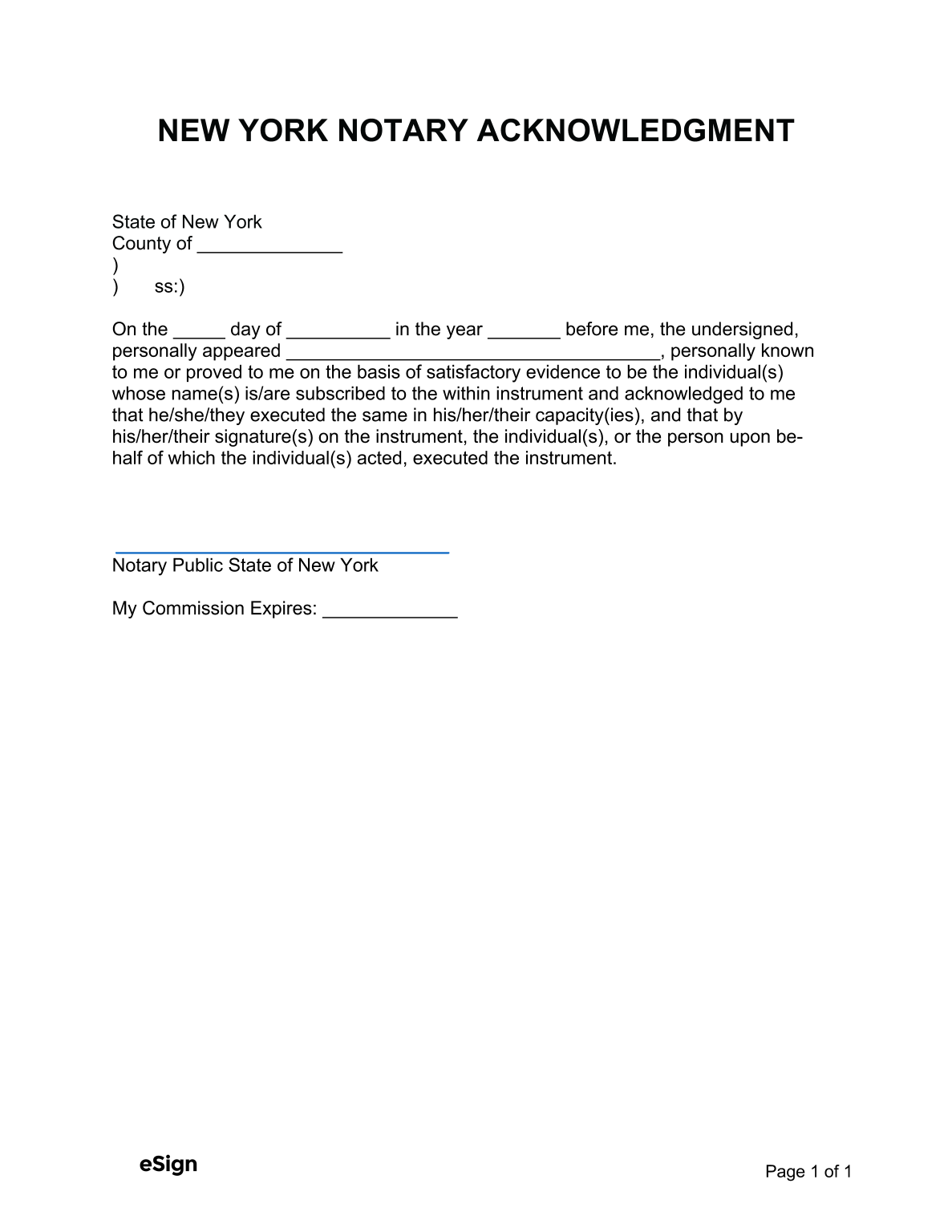 Free New York Notary Acknowledgment Form PDF Word